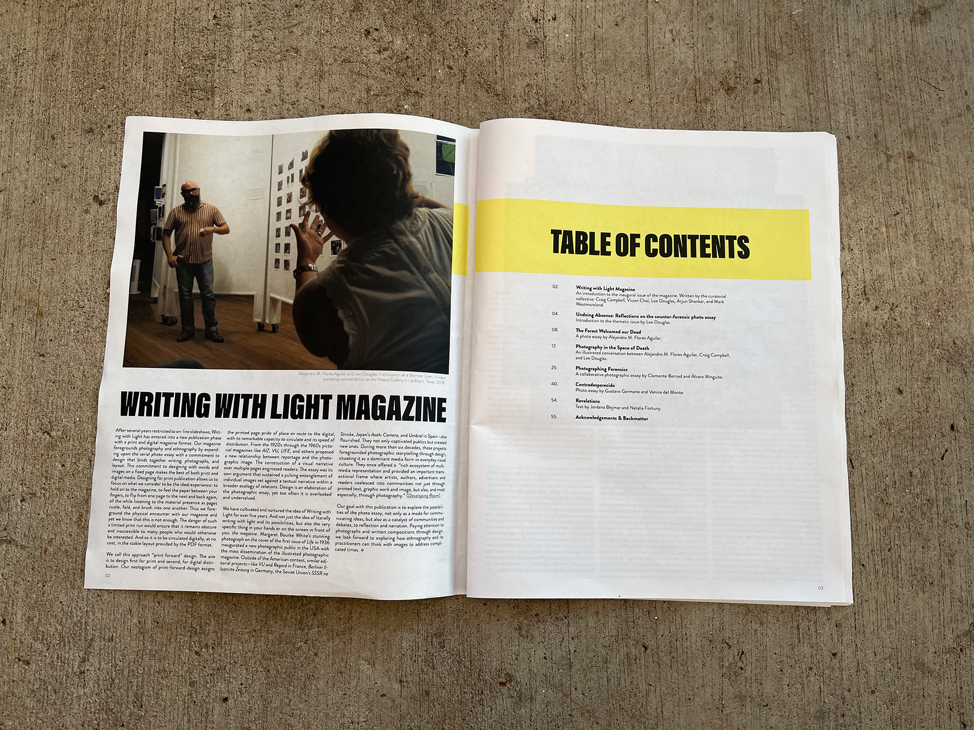 A photograph of the first two pages of writing with light magazine, January 2022..